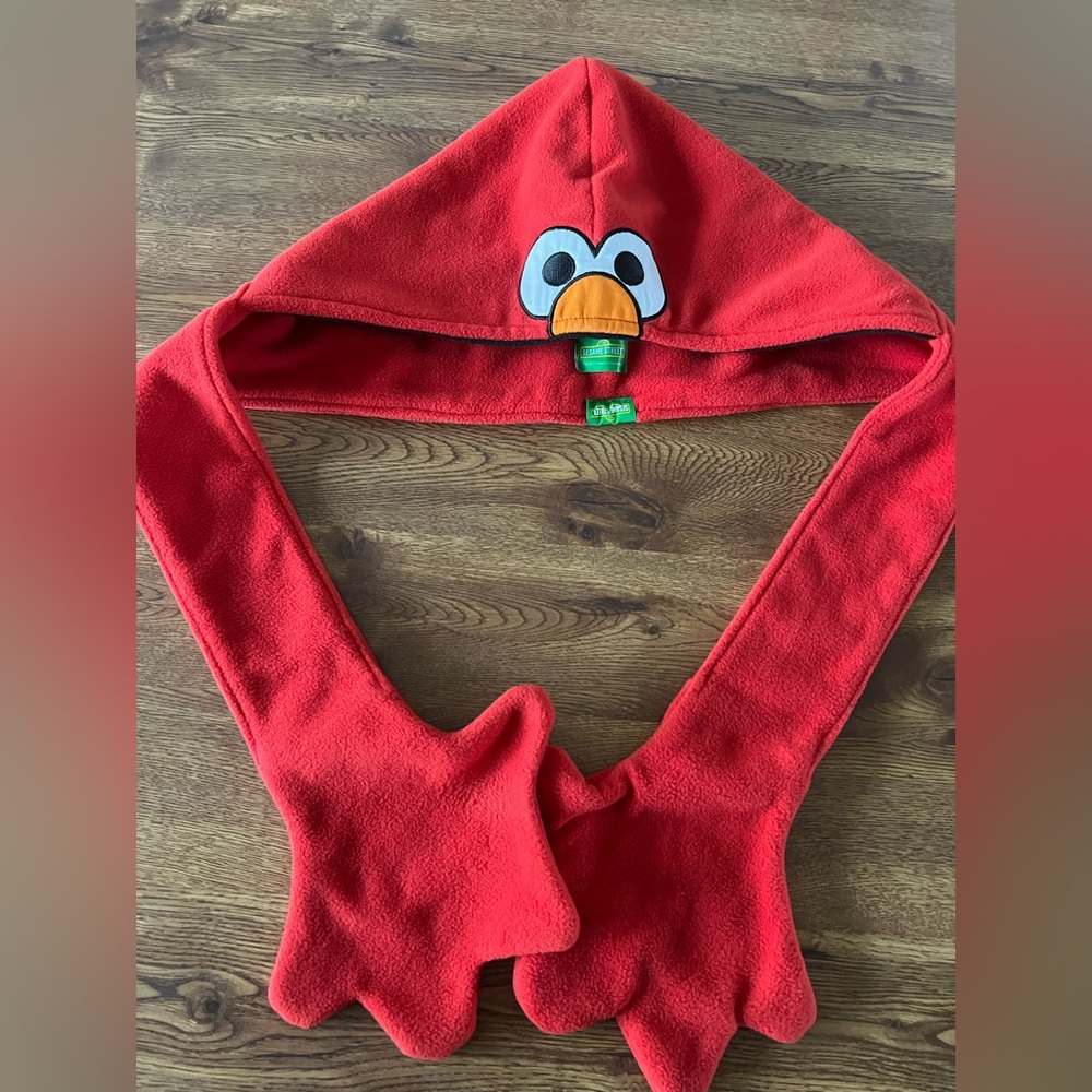 Sesame Street Elmo Red Fleece Kids Hooded Scarf /Hat with Hand Pockets